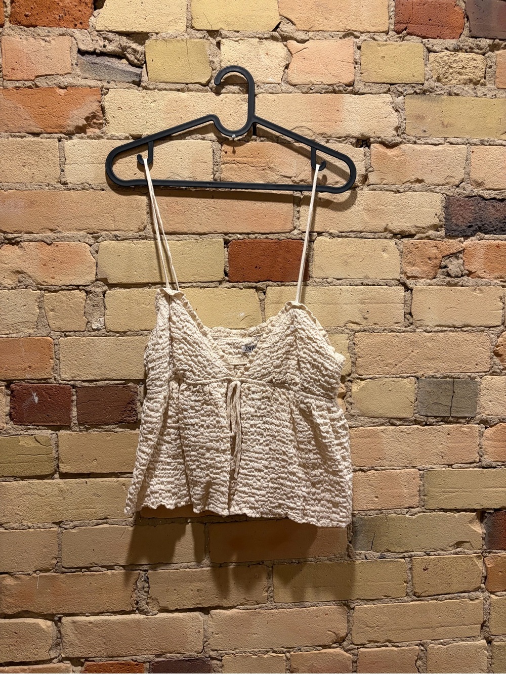 Zara Cream Textured Smocked Spaghetti-Strap Tank